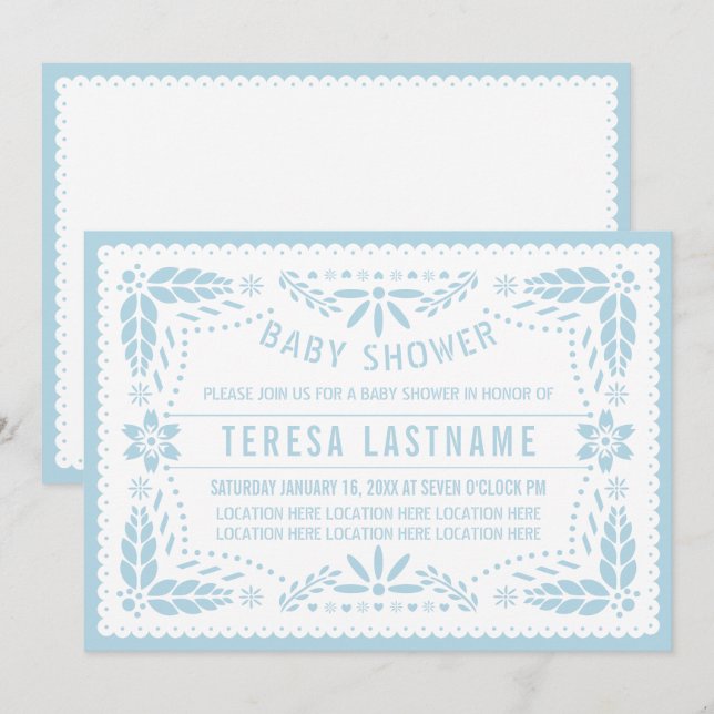 Baby blue papel picado Mexican pojke dusch Inbjudningar (Fram/baksida)