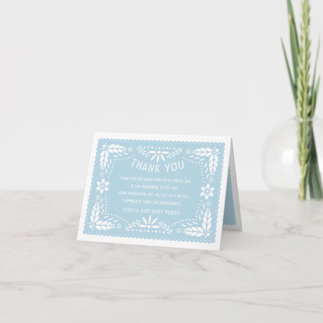 Baby blue papel picado Mexican stil Baby Shower Tack Kort (Framsida)
