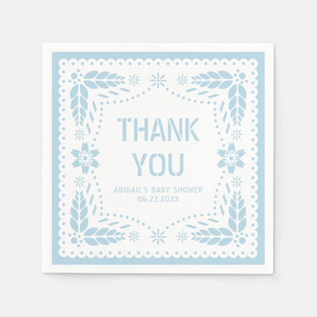 Baby blue papel picado Tack Baby Shower Pappersservett (Framsidan)