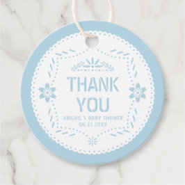 Baby blue papel picado Tack Shower Gåvor Etiketter