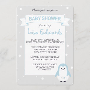 Baby blue pingvinbaby showerinbjudan inbjudningar