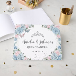 Baby Blue Pink Floral Butterflies Twin Quinceañera Gästböcker