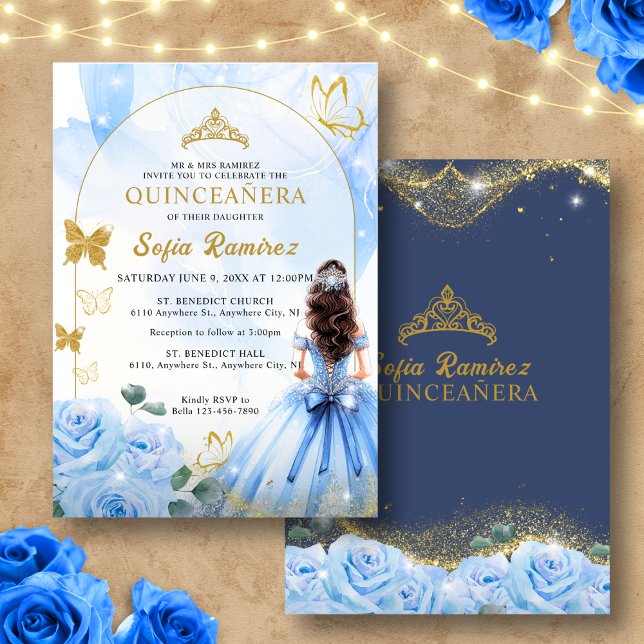 Baby blue press Princess Glitter Quinceañera Inbjudningar (Skapare uppladdad)