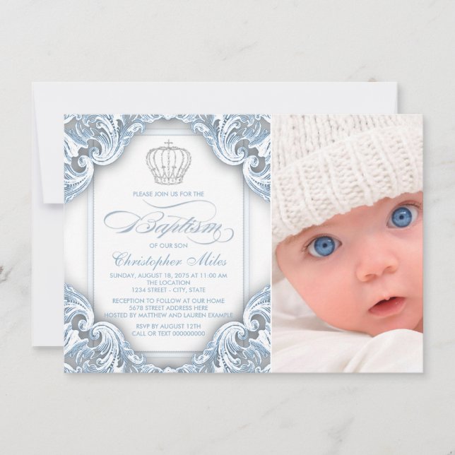 Baby Blue Prince Crown Dop Inbjudningar (Framsida)