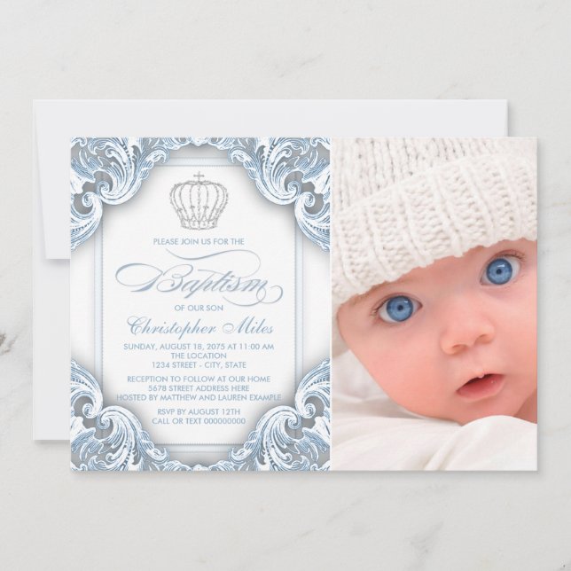 Baby Blue Prins Krona Dop Inbjudningar (Framsida)