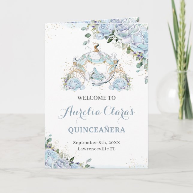 Baby blue prinsessan Quinceañera Order of Event Program (Framsida)