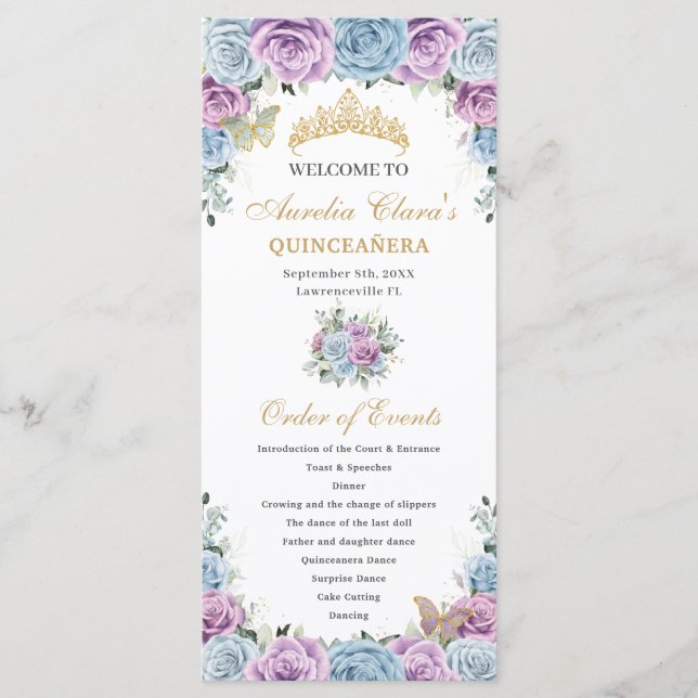 Baby Blue Purple Blommig Quinceañera Evenemangsord Program (Framsida)