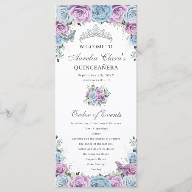 Baby Blue Purple Floral Quinceañera Order Events Program (Framsida)