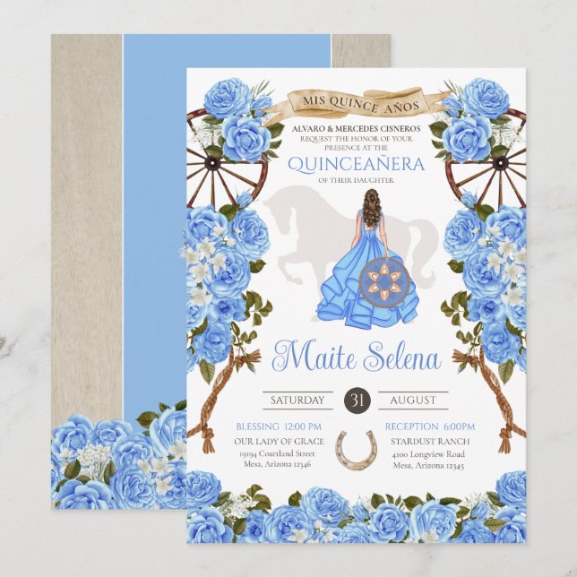 Baby blue Quinceanera Elegant Ro Western Charra Inbjudningar (Fram/baksida)