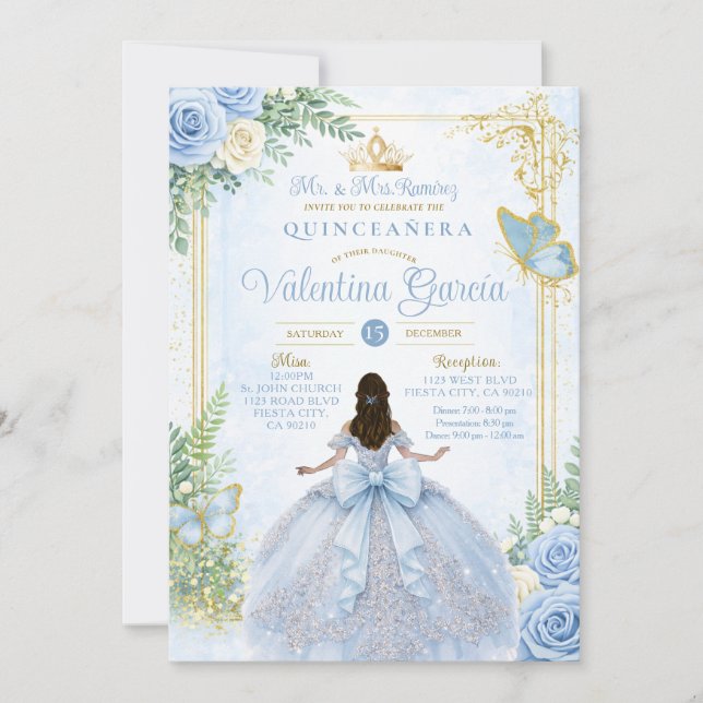 Baby Blue Quinceañera med Bow Gold Inbjudningar (Framsida)