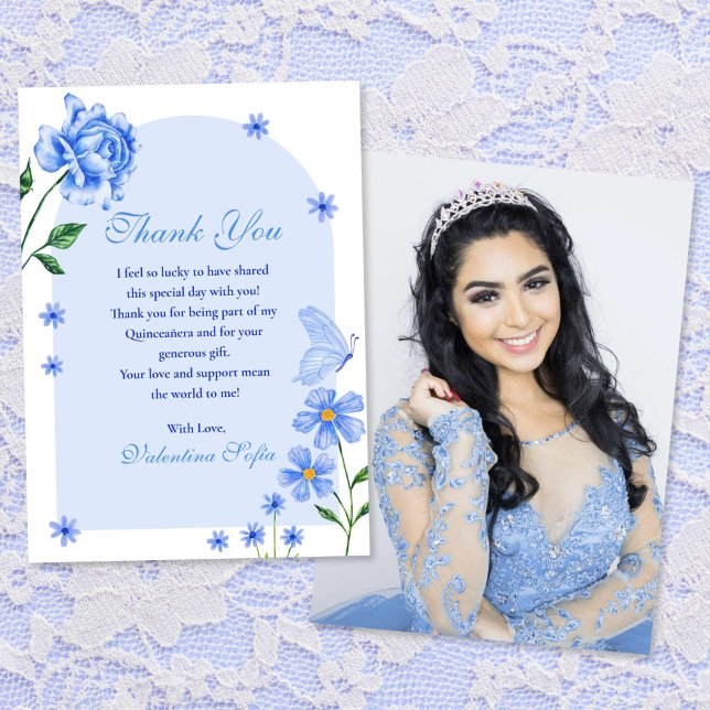 Baby blue Quinceañera Ro och Butterflies Photo Tack Kort (Baby Blue Quinceañera Roses and Butterflies Photo Thank You Card)
