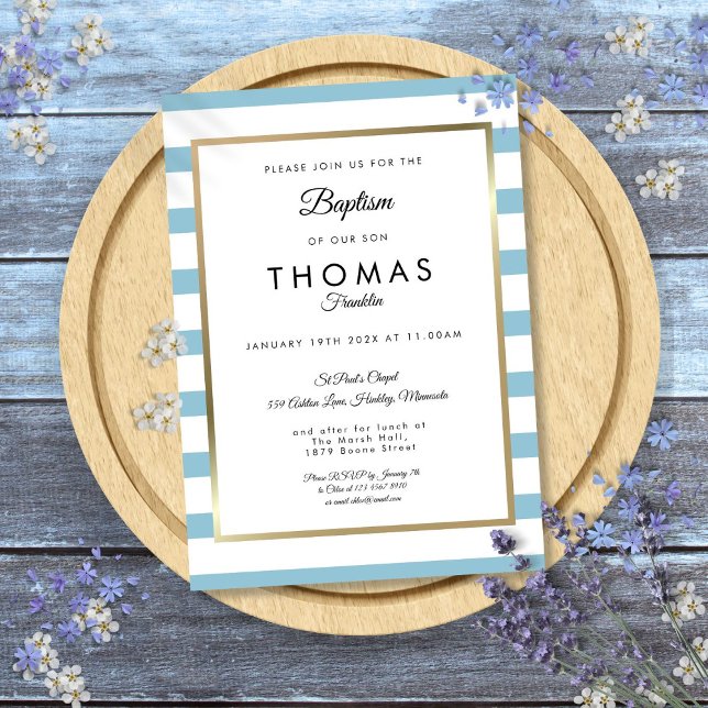 Baby Blue-rand Dopning Dopelse Inbjudningar (Baby Blue Stripe Baptism Christening Invitation)