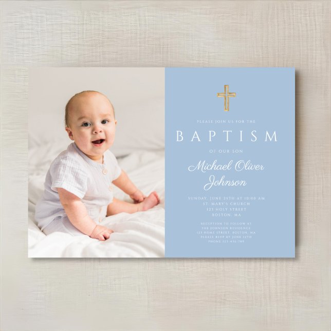 Baby blue Religiösa Kor Boy Photo Baptism Inbjudningar (Baby Blue Religious Cross Boy Photo Baptism Invitation)