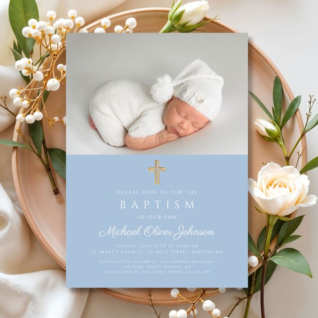 Baby blue Religiösa Kor Boy Photo Baptism Inbjudningar (Baby Blue Religious Cross Boy Photo Baptism Invitation)
