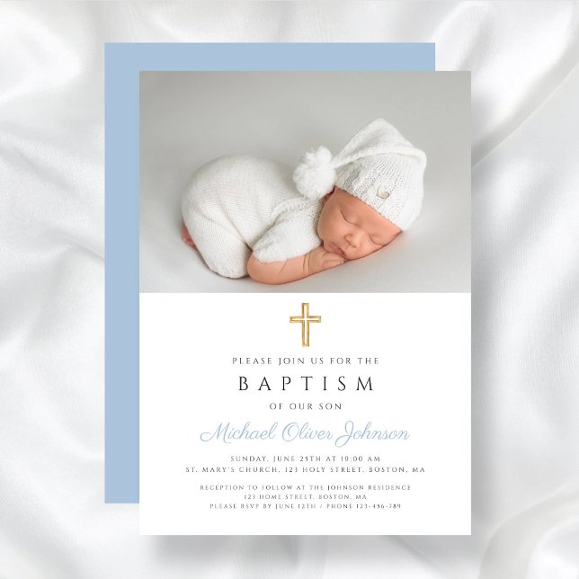 Baby blue Religiösa Kor Boy Photo Baptism Inbjudningar (Baby Blue Religious Cross Boy Photo Baptism Invitation)