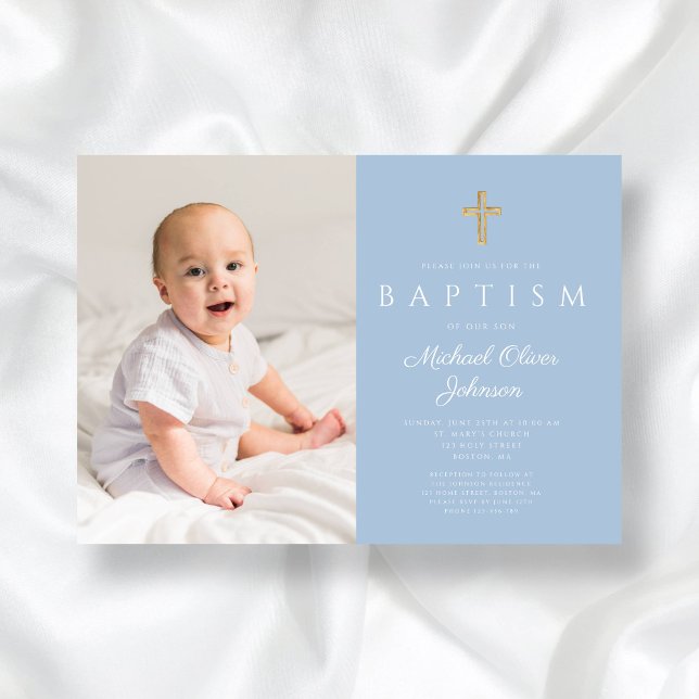 Baby blue Religiösa Kor Boy Photo Baptism Inbjudningar (Baby Blue Religious Cross Boy Photo Baptism Invitation)