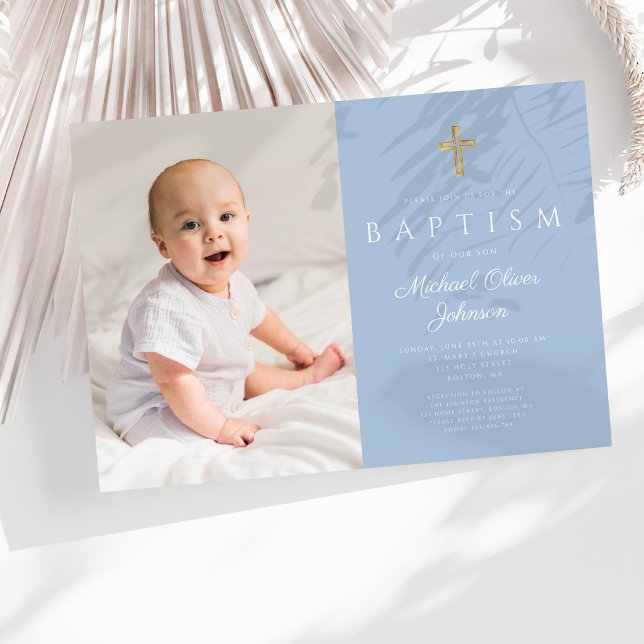 Baby Blue Religiöst Kors Pojk Foto Dop Inbjudningar (Baby Blue Religious Cross Boy Photo Baptism Invitation)