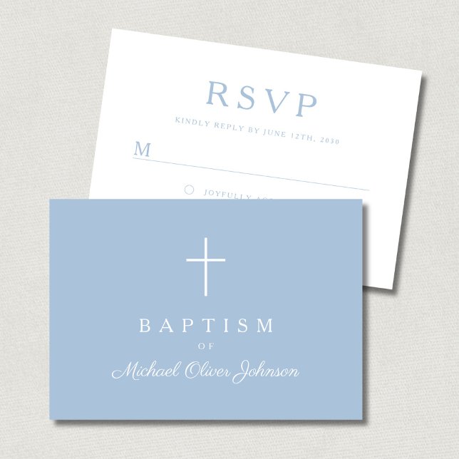 Baby Blue Religiöst Kors Pojke Dop  OSA Kort (Baby Blue Religious Cross Boy Baptism RSVP Card)