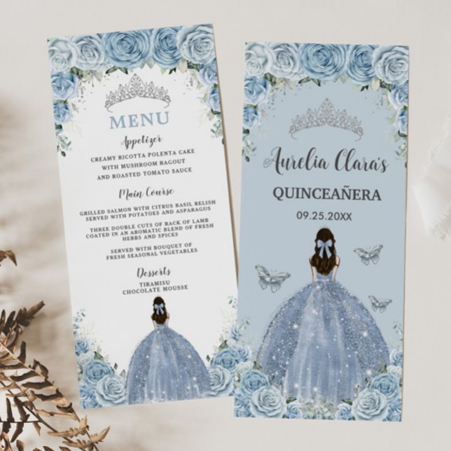Baby blue Ro Blommigt Princess Quinceañera Menu Program (Skapare uppladdad)