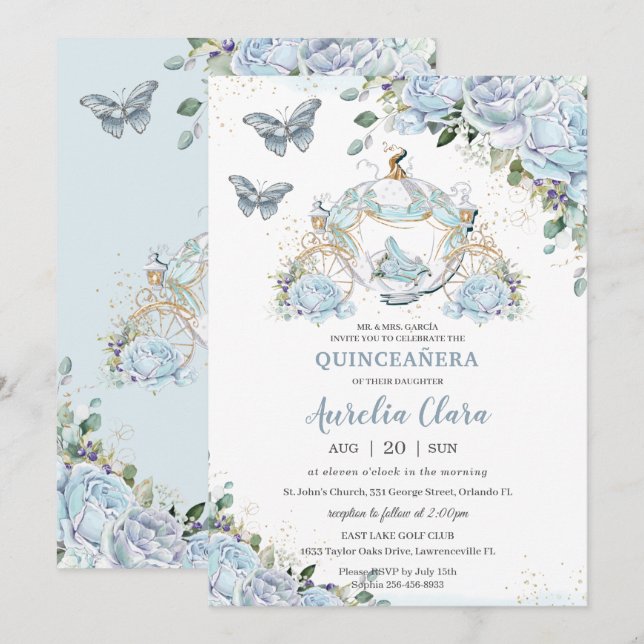 Baby blue Ro Princess Cinderella Quinceañera Inbjudningar (Fram/baksida)