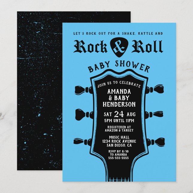 Baby blue Rock and roll Guitar Baby Shower Inbjudningar (Fram/baksida)