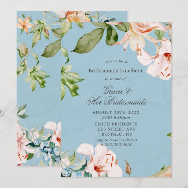 Baby blue Rosa Lily Bridesmaids Luncheon Inbjudnin (Fram/baksida)