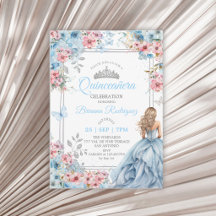 Baby Blue Rosa Silver Blommig Fjäril Quinceañera