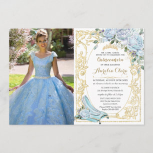 Baby Blue Roses Cinderella Quinceañera Foto Inbjudningar