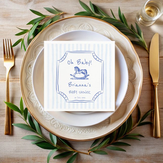 Baby blue roterande sketch för häst, babydusch pappersservett (Oh baby blue rocking horse handrawn sketch baby shower  monogrammed napkins personalized table decor)