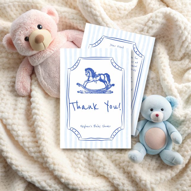 Baby blue roterande sketch för häst, babydusch tack kort (Oh baby blue rocking horse handrawn sketch baby shower thank you cards)