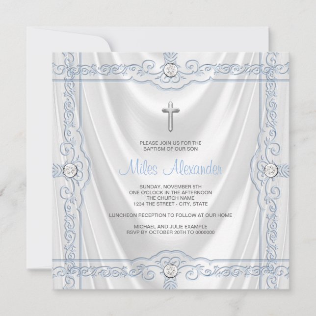 Baby blue satäng för dopChristeningvit Inbjudningar (Framsida)