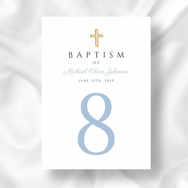 Baby blue Script Religiösa Kor Boy Baptism Bordsnummer (Religious Cross Baby Blue Boy Baptism Table Number)