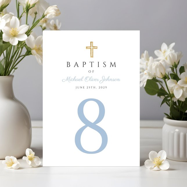Baby Blue Script Religious Cross Pojke Dop Bordsnummer (Baby Blue Script Religious Cross Boy Baptism Table Number)
