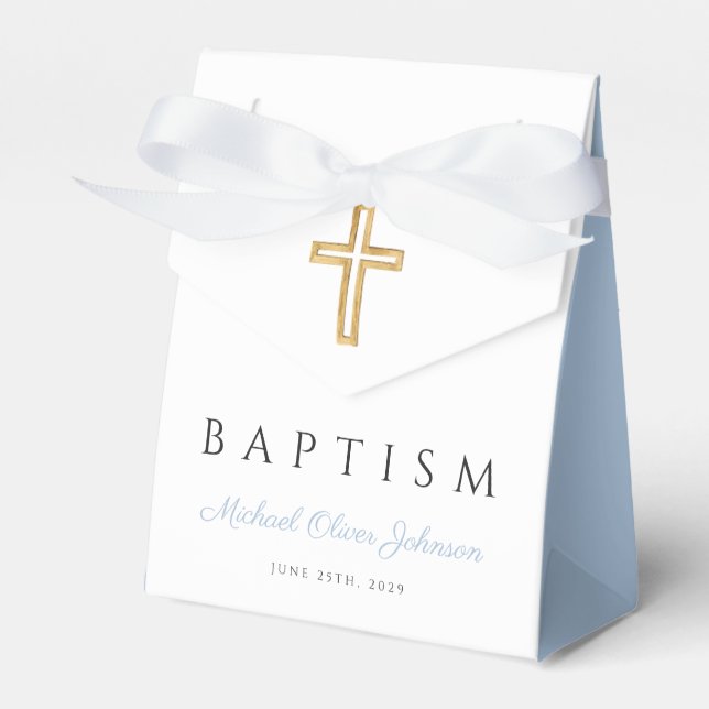 Baby Blue Script Religious Cross Pojke Dop Presentaskar (Framsidan Sidan)
