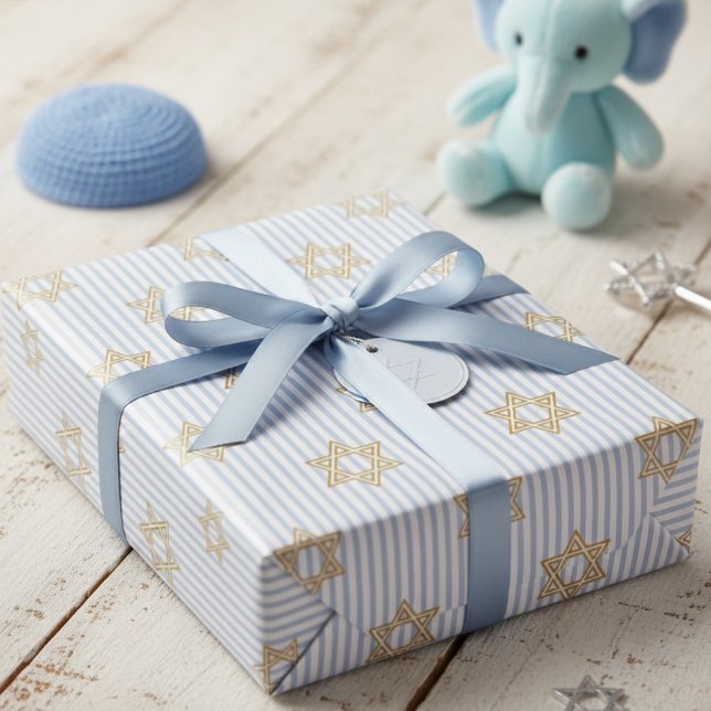 Baby Blue Shalom Zachor Judisk Presentpapper (Jewish Star of David Baby Boy Wrapping Paper for Bris & Baby Naming Ceremony, Mazel Tov & Hanukkah)