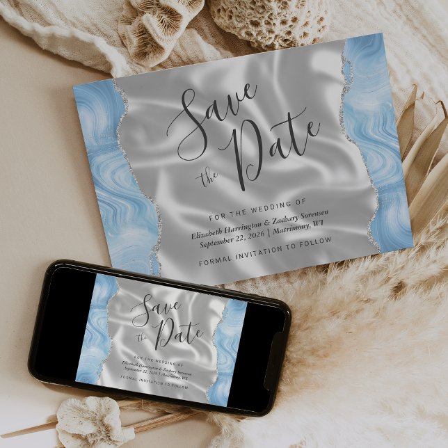 Baby Blue Silver Agat Vit Silke Spara Datum Inbjudningar (Skapare uppladdad)