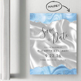 Baby Blue Silver Agat Vit Silke Spara Datum Magnetisk Inbjudningskort