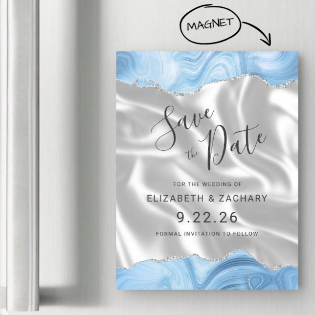 Baby Blue Silver Agat Vit Silke Spara Datum Magnetisk Inbjudningskort (Skapare uppladdad)
