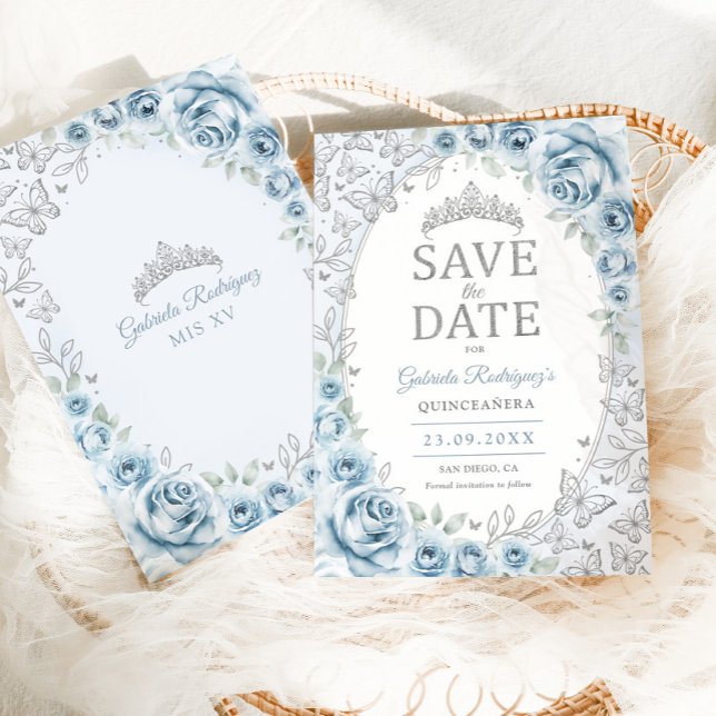 Baby Blue Silver Blommig Quinceanera Spara Datumet (Skapare uppladdad)