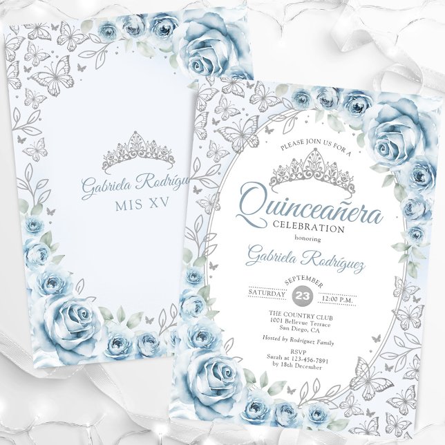 Baby blue Silver Blommigt Quinceanera Inbjudningar (Skapare uppladdad)