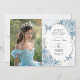 Baby blue Silver Butterfly Sweet 16 Birthday Photo Inbjudningar