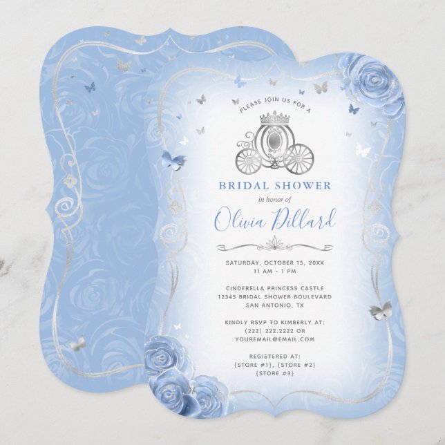 Baby blue Silver Cinderella Princess Möhippa Inbjudningar (Fram/baksida)