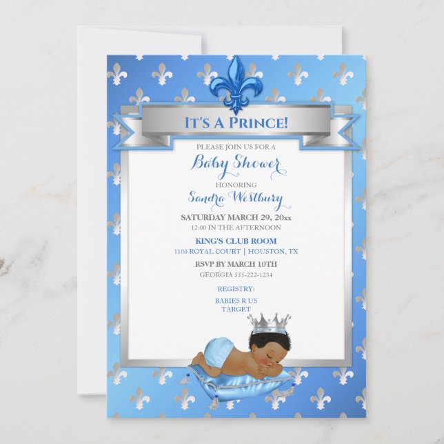 Baby Blue & Silver Fleur Afroamerikansk Prins Inbjudningar (Framsida)