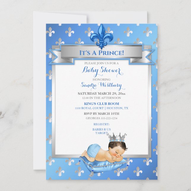 Baby blue & Silver Fleur de Lis Prince Pillow Inbjudningar (Framsida)