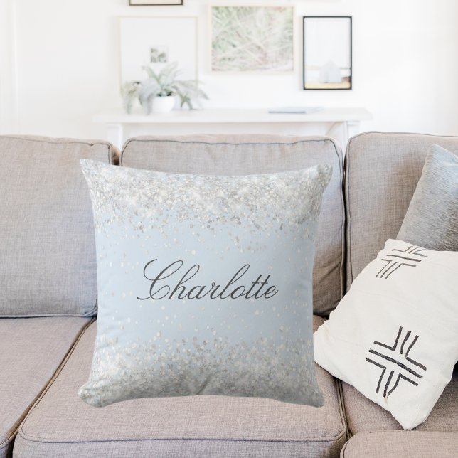 Baby blue silver glitter-dammet namn elegant kudde (Skapare uppladdad)