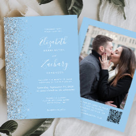 Baby Blue Silver Glitter Foto QR-kod Bröllop Inbjudningar
