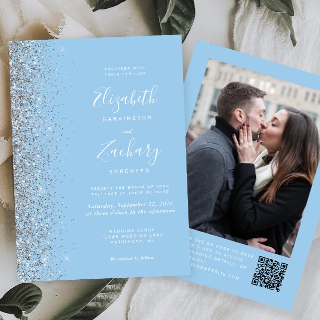Baby Blue Silver Glitter Foto QR-kod Bröllop Inbjudningar (Skapare uppladdad)