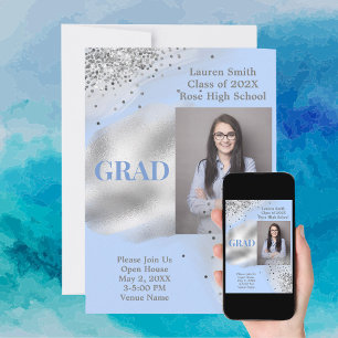 Baby blue Silver Glitter fotot Studenten Inbjudningar