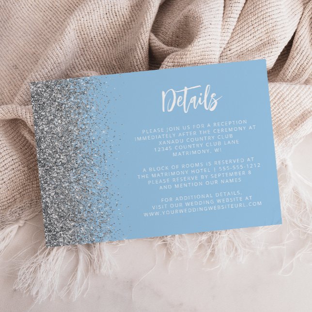 Baby Blue Silver Glitter Script Bröllopsdetaljer Tilläggskort (Skapare uppladdad)