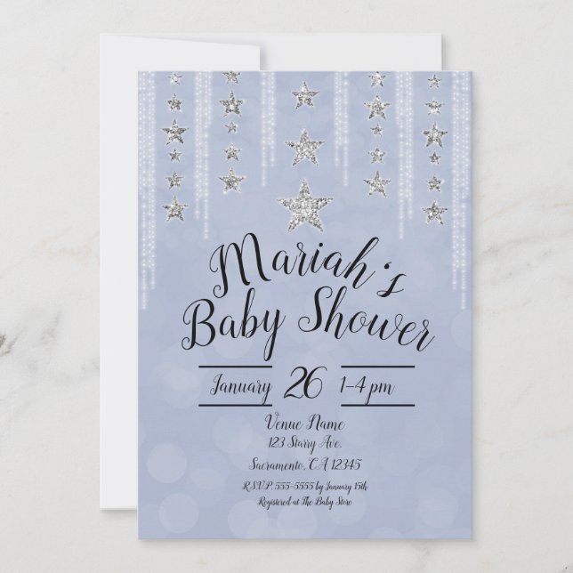 Baby Blue & Silver Glitter Stjärnor Bebis Duscha Inbjudningar (Framsida)